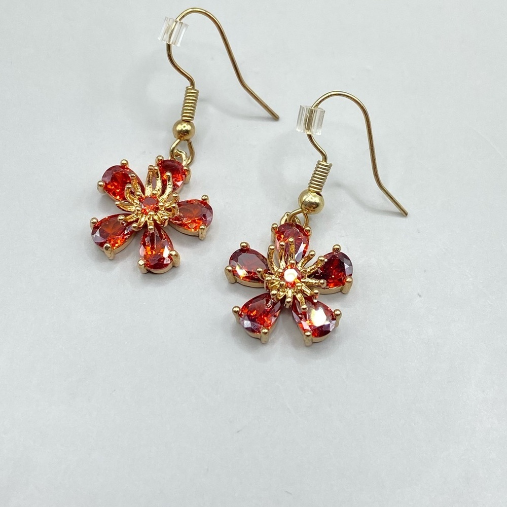 Amber Red Floral Drop Earrings - Picture 2 of 5